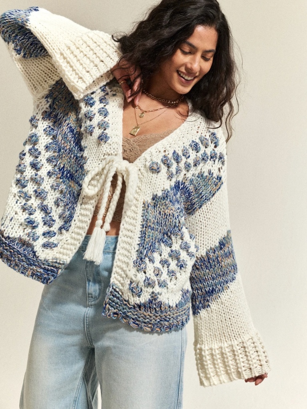 Chunky Knit Boho Beige Blue Bell Sleeve Tie Front Cardigan